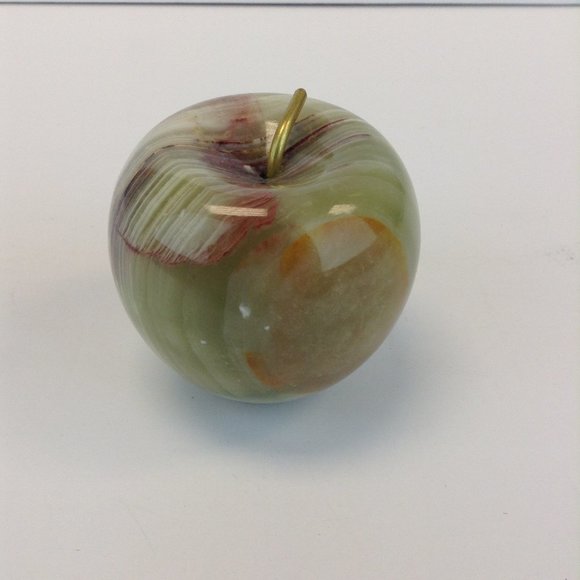 Vintage Hand Carved Polished Onyx Stone Marble Apple Paperweight Brass Stem - Picture 7 of 10